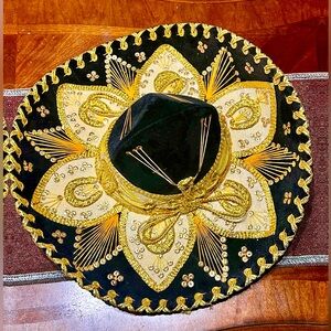 Pigalle Sombrero Mariachi Band Hat Black Velvet, Gold and Orange Made in Mexico